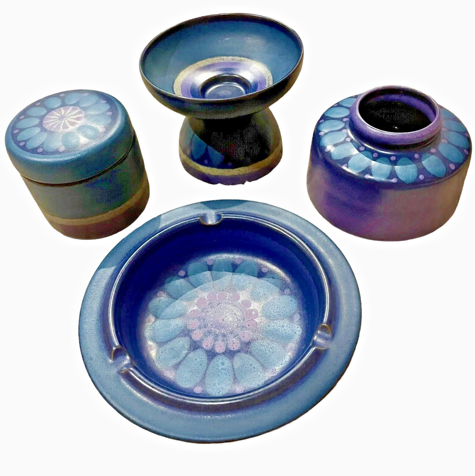 Lot 4 Pcs Vintage Porta Celi Mid Century Blue Purple Flower Pottery Vase Ashtray