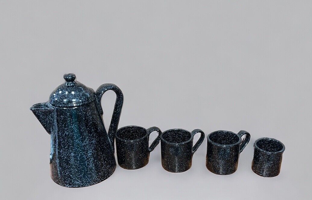 Speckled Enamelware Black White Coffee Pot 4 Cups Mugs Vintage Camping Gear SEE