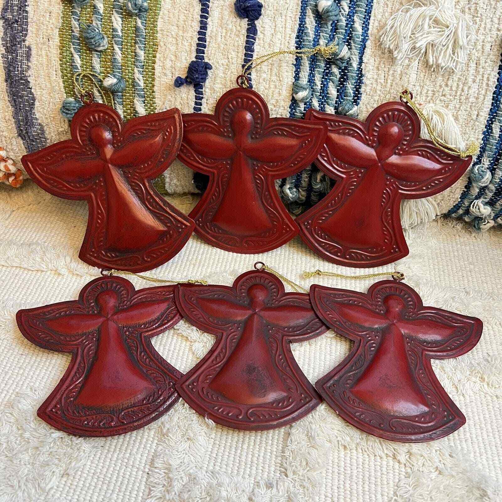 Set of 6 Metal Tin Red Angel Christmas Ornaments 6” Farmhouse Rustic Distressed