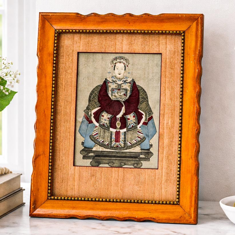 Wonderful Antique Chinese Ancestral Portrait Miniature Painted Asian Wood Frame