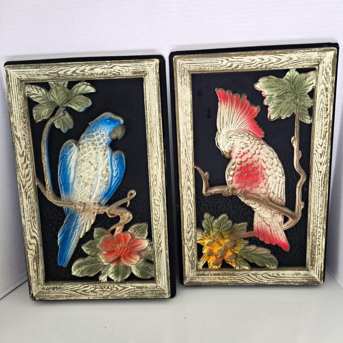 Antique MCM Pair of Framed Raised Parrot Wall Plaques Set of 2
