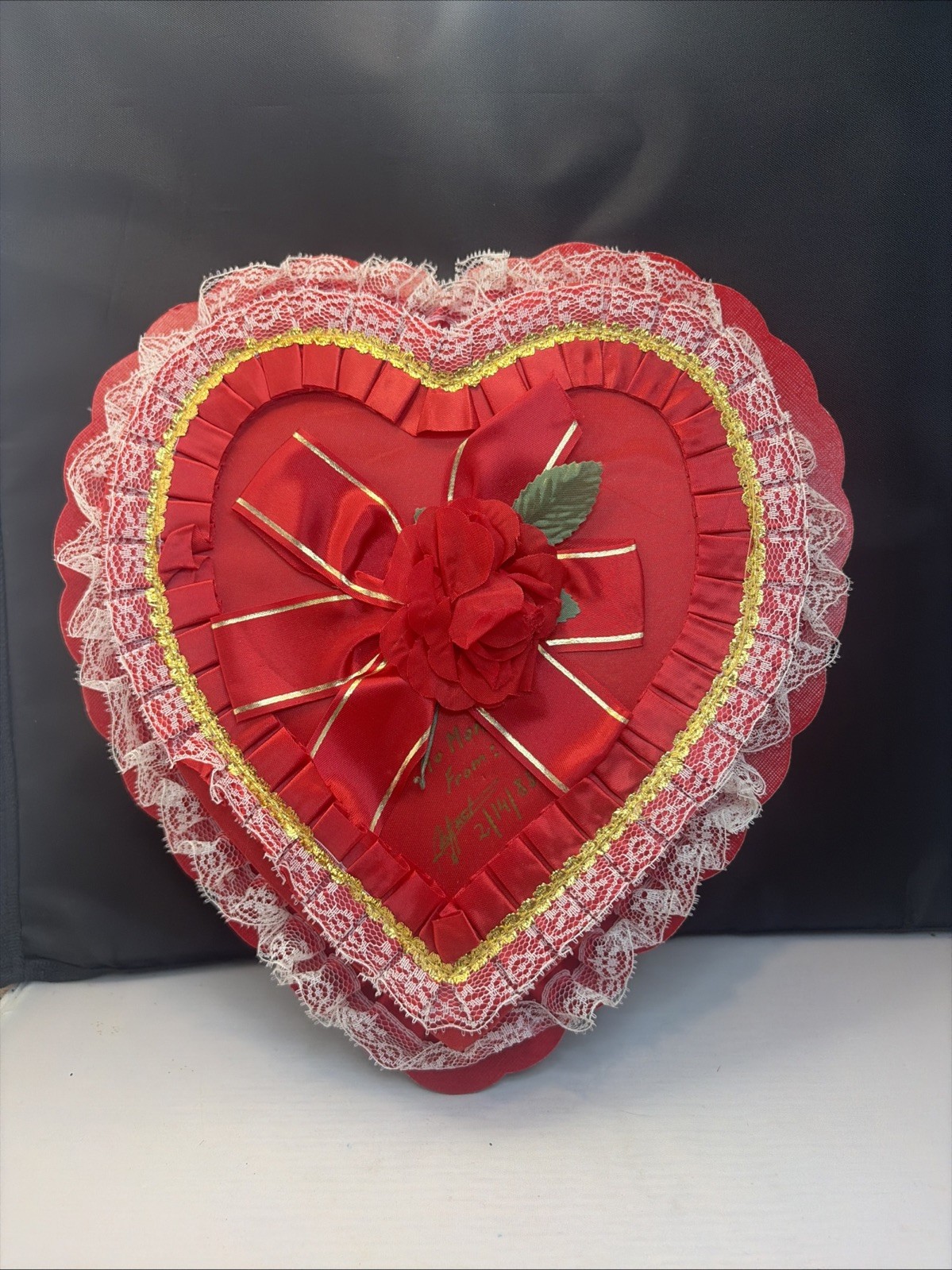 Vintage 1988  Valentine's Day Heart Shaped Chocolate Candy Box 11.5” Mom Signed