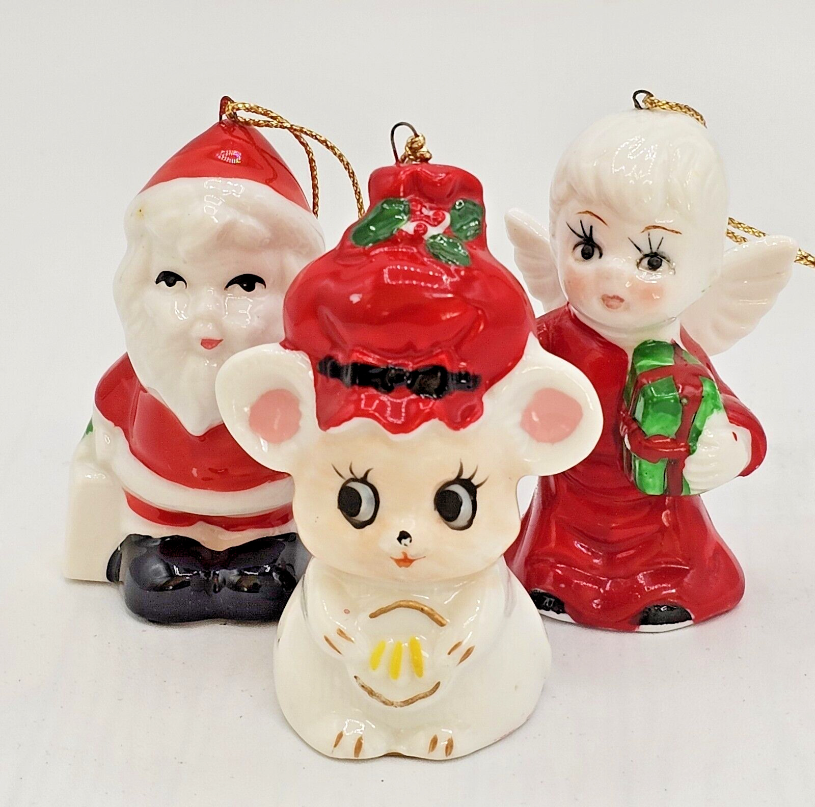 Bone China Miniature Ornaments Santa an Angel and Christmas Mouse Set of 3