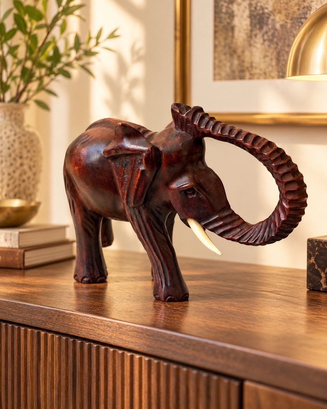 Vintage Hand Carved Wooden Elephant Statue – Large Heavy Wood Sculpture Decor