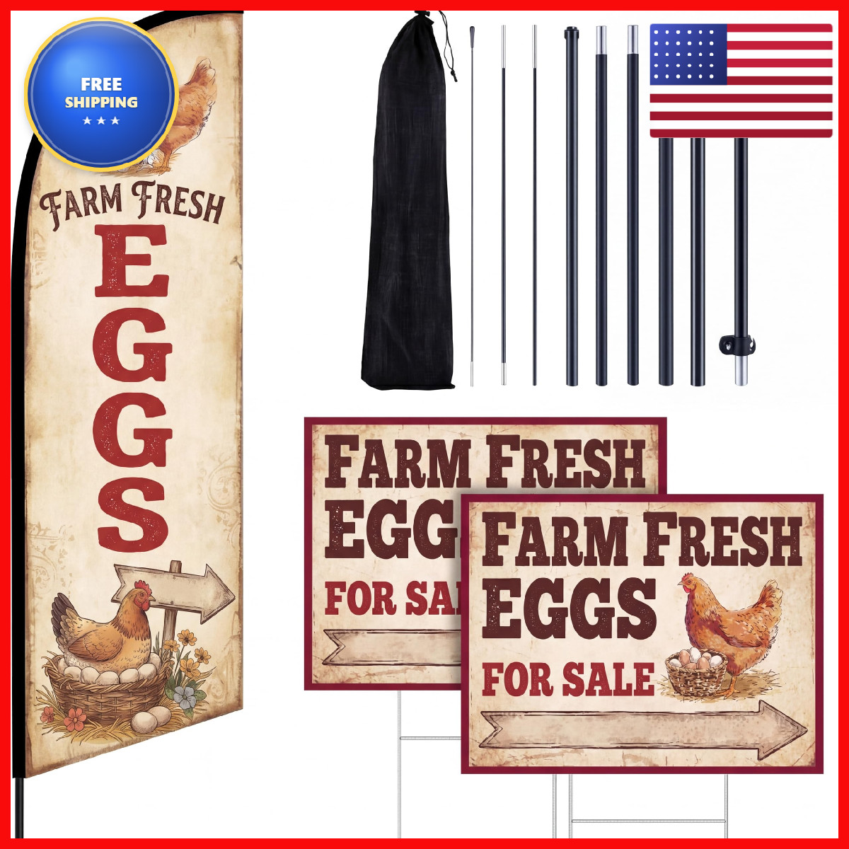 Remagr 3 Pcs Farm Fresh Eggs Signs Include Feather Flag Kit 11 Ft Swooper Flag