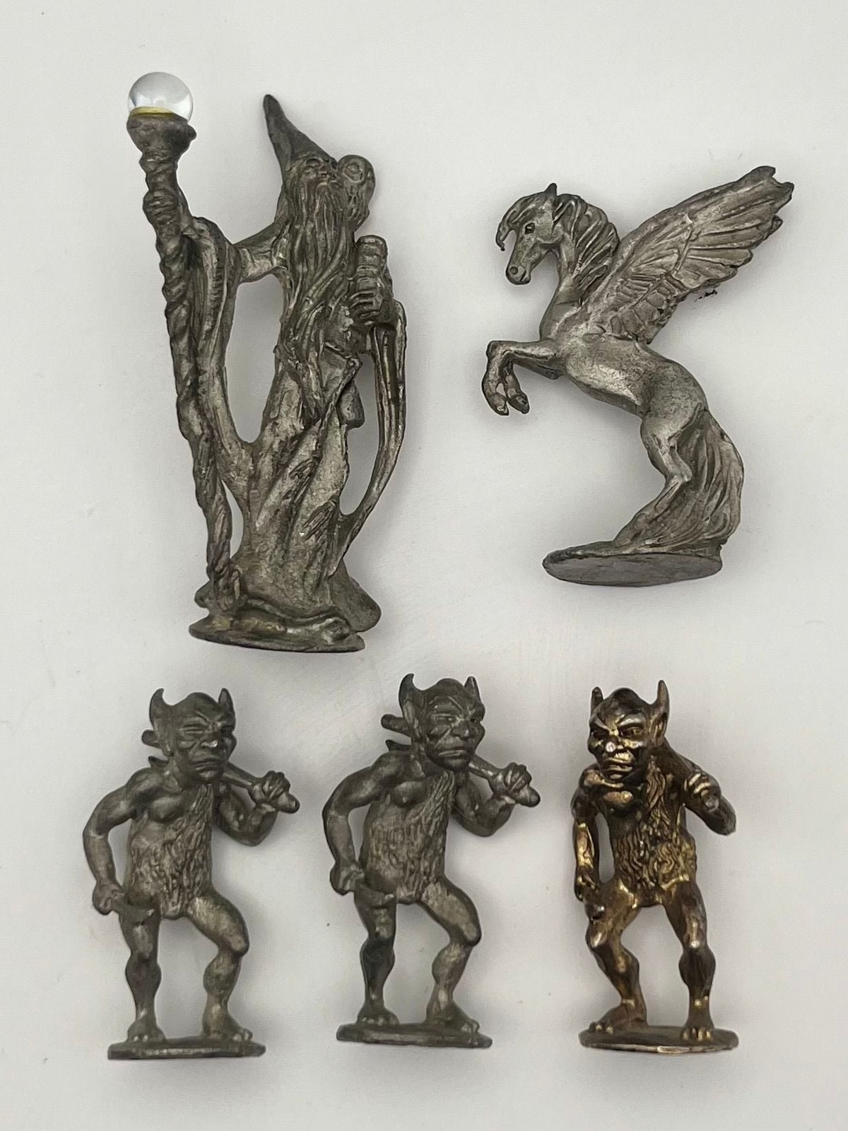 Vintage Gallo Pewter Fantasy Figurine Set: Wizard, Pegasus, and 3 Trolls