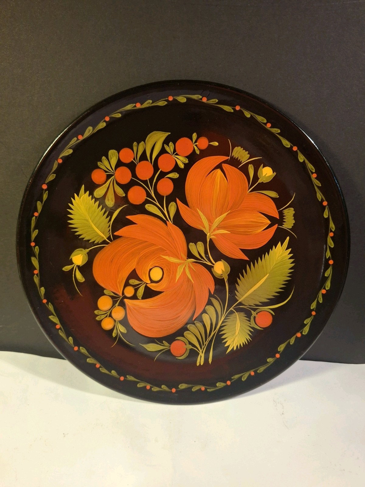 Vintage Ukrainian Petrykivskyi Hand Painted Floral Decorative Wooden Plate Decor
