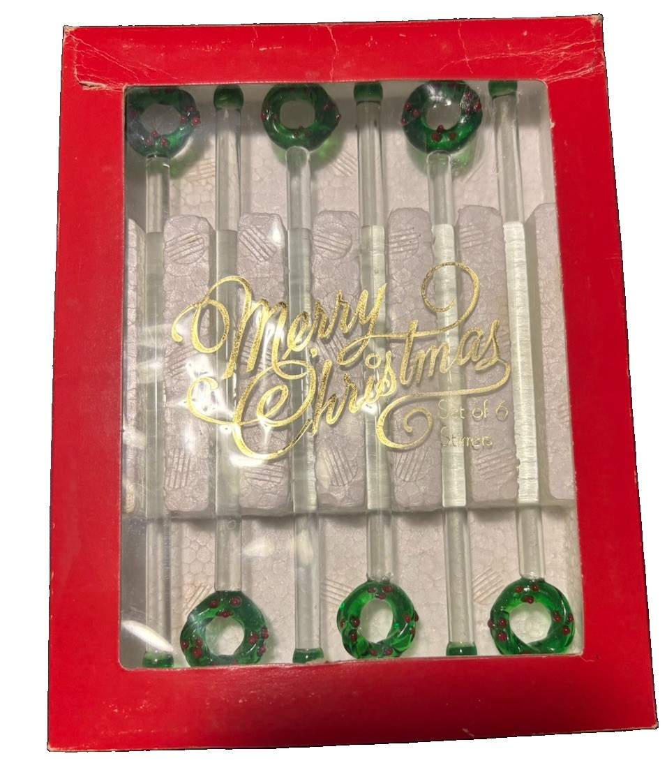 Vintage Two\'s Company Christmas Wreath Glass Stirrer Swivel Stick Boxed Set of 6