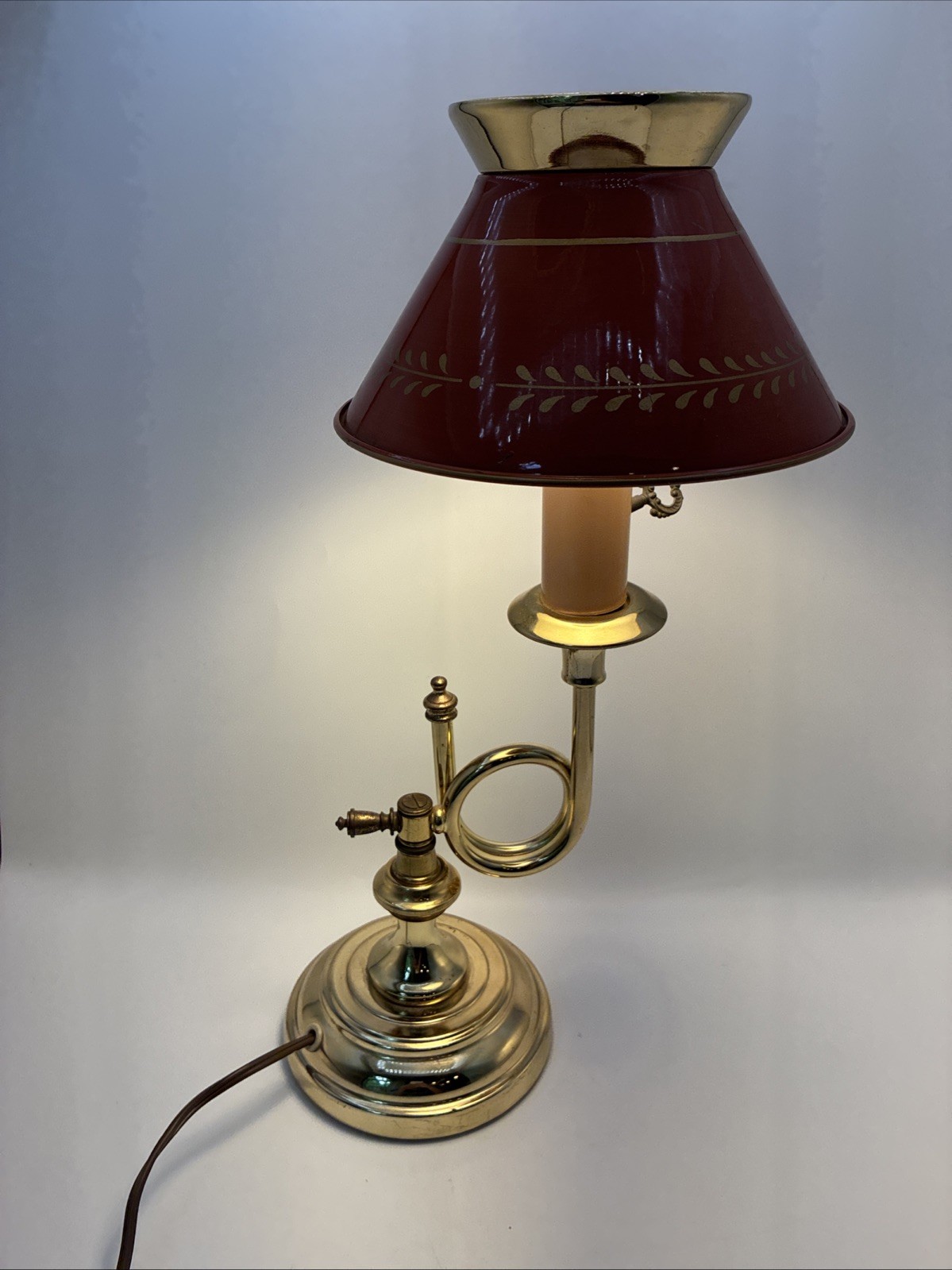 Vintage Mid Century Brass Red Tole Shade Hurricane Desk Library Table Lamp MCM