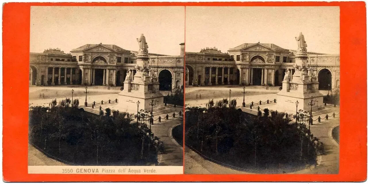 Excellent Stereocard Genoa Piazza Acqua Verde Stereoviews 1880c G. Brogi S190