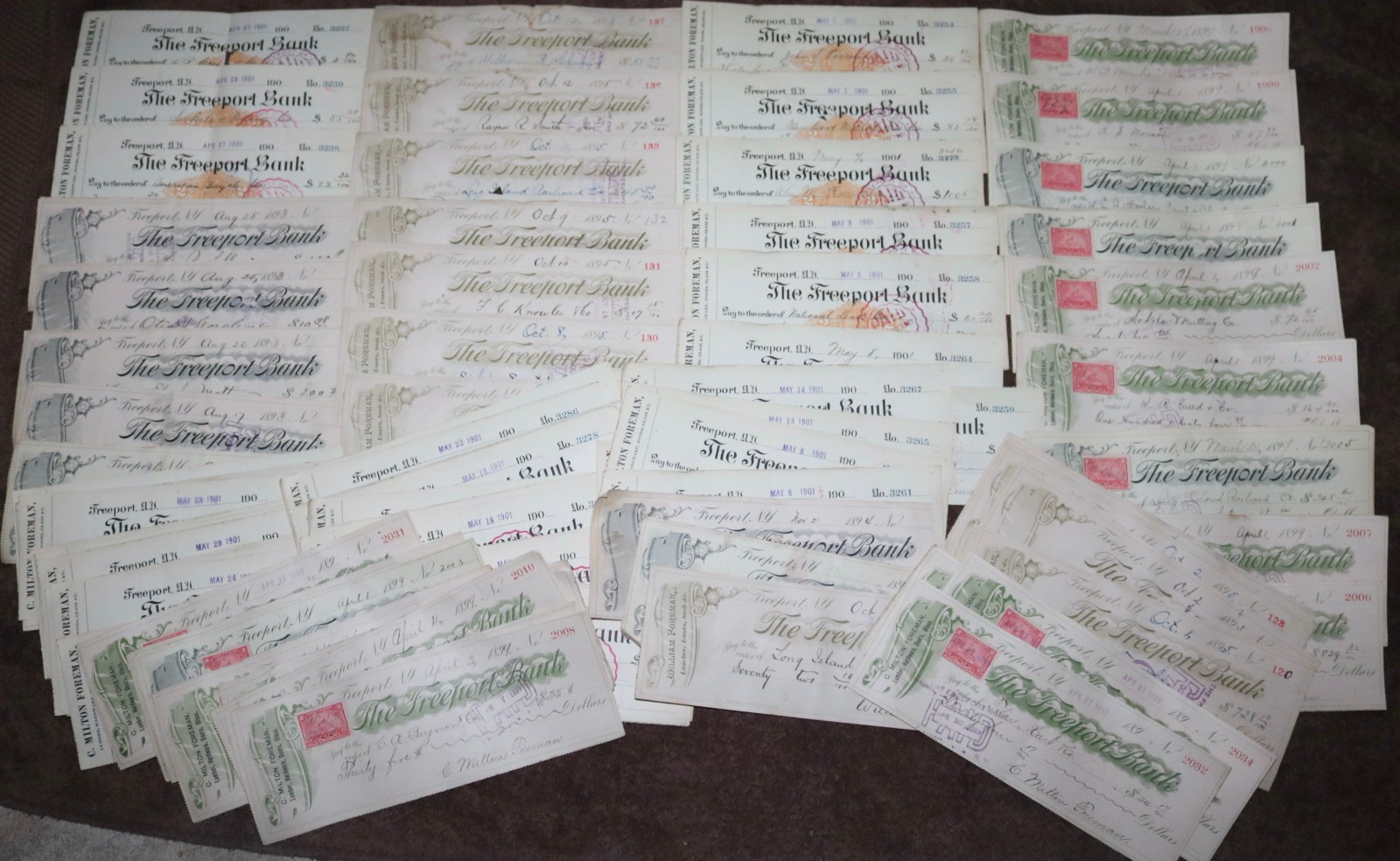 ANTIQUE 1893-1901 LOT 100+ BANK CHECKS FREEPORT BANK LI NY FOREMANS LUMBER LOT 2