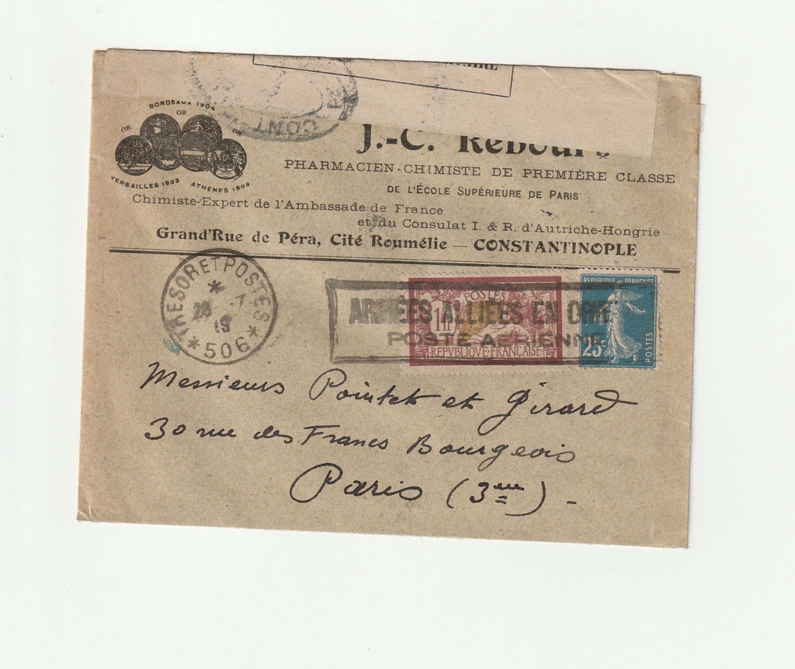 1919 Constantinople Airmail Allied Armies Merson 1F Sower 25c