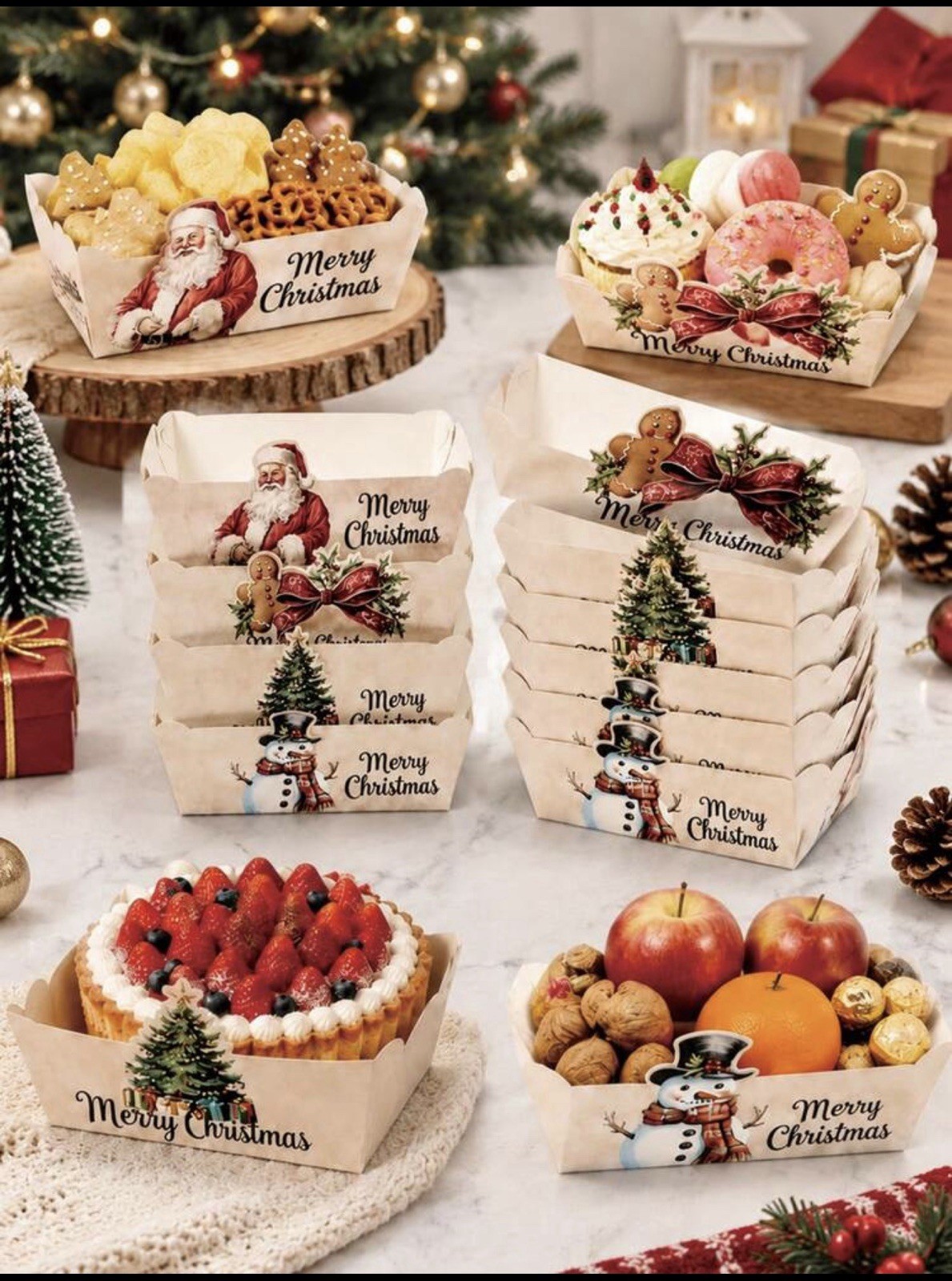 12Pcs Vintage Christmas Paper Trays Santa Snowman Tree Holiday Party Decor