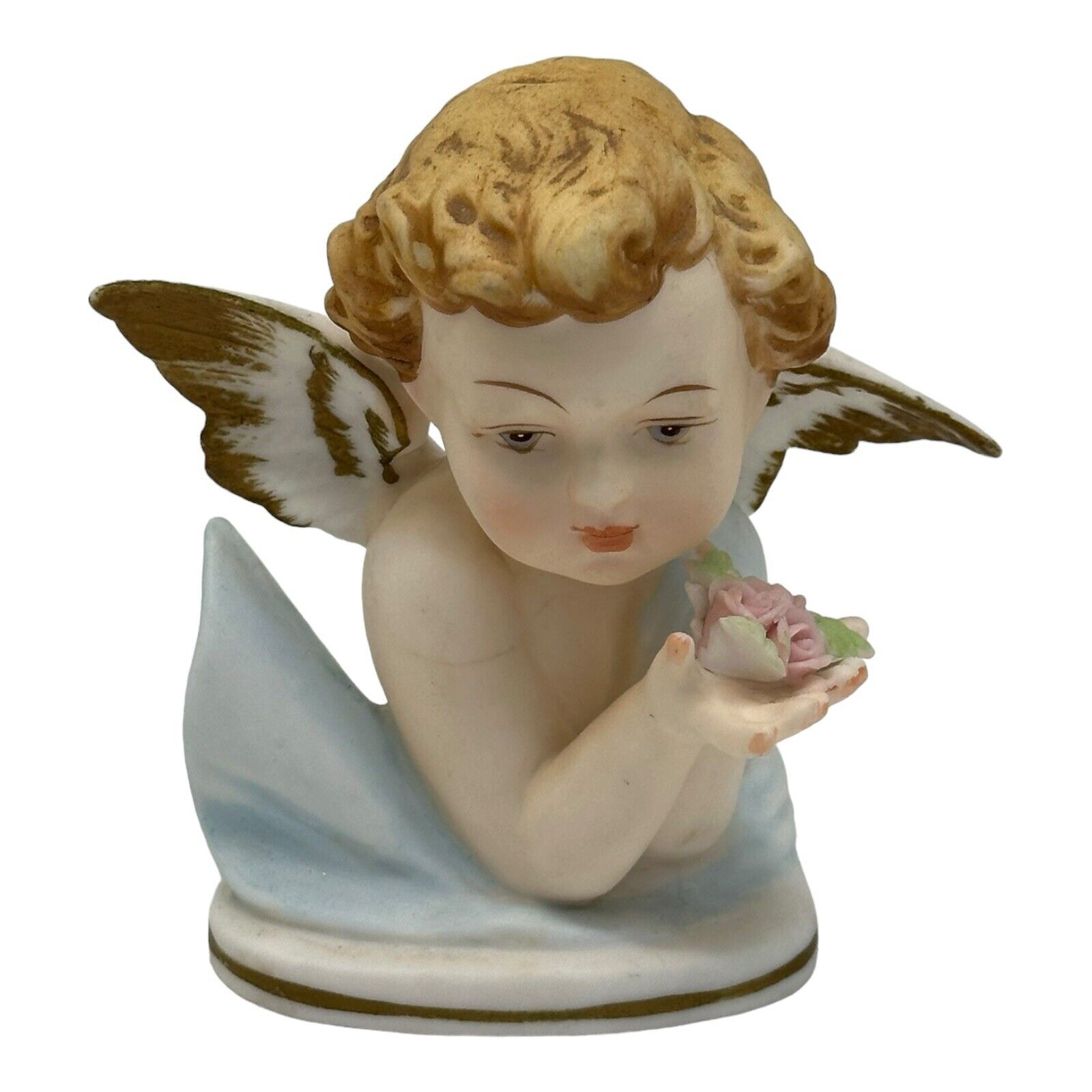 Vintage Lefton?  Bisque Angel Cherub Bust Holding Roses In Hands Figurine F-508