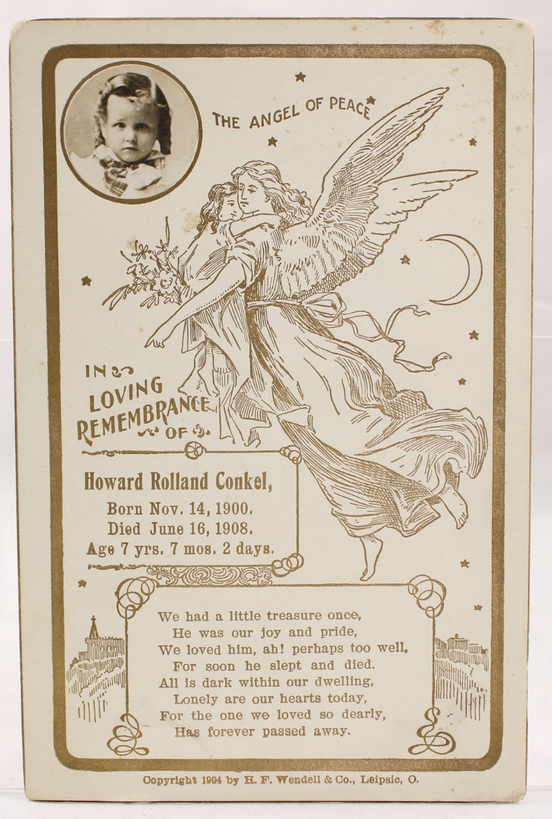 1908 Angel of Peace Photo Remembrance Memorial Card Young Howard Conkel