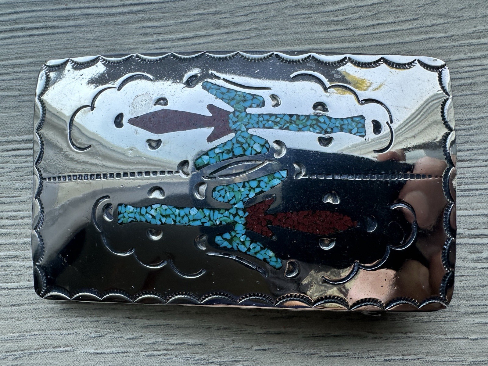 Vintage Southwestern Nickel Silver Turquoise Inlay Arrow