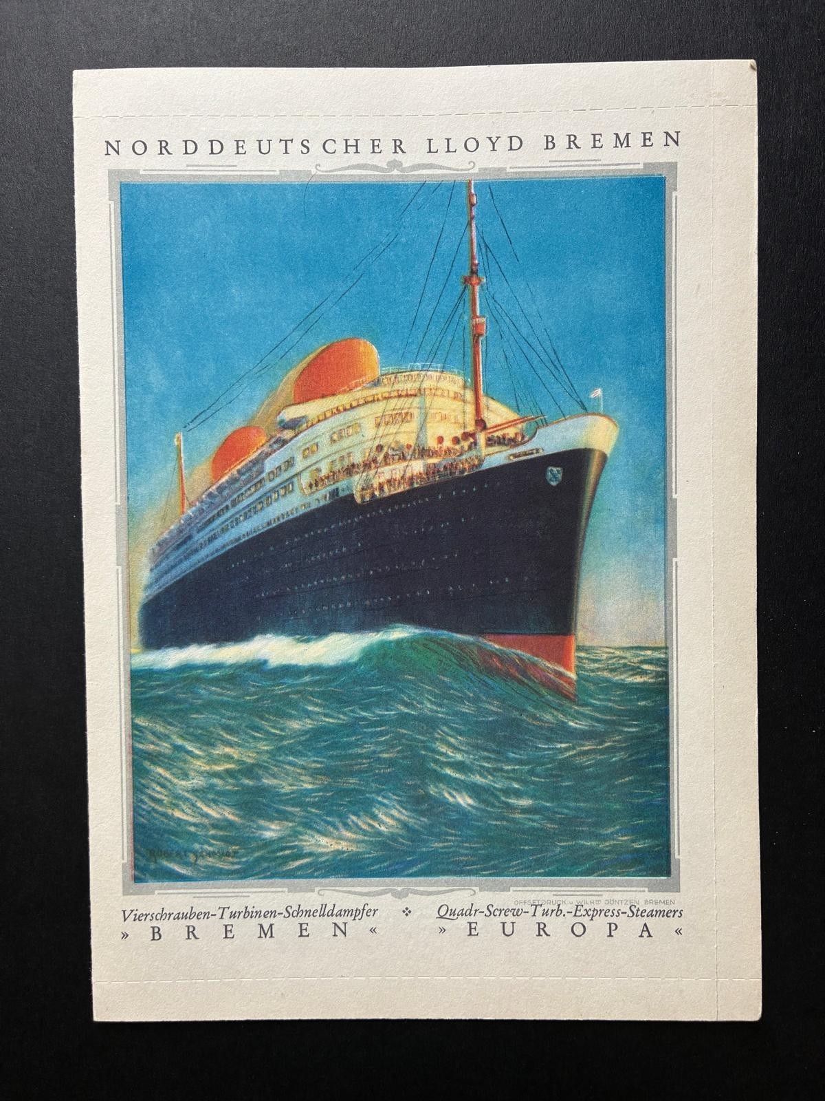 1929 Norddeutscher Lloyd SS Bremen Europa Art Deco Print - MINT - Inverted Text