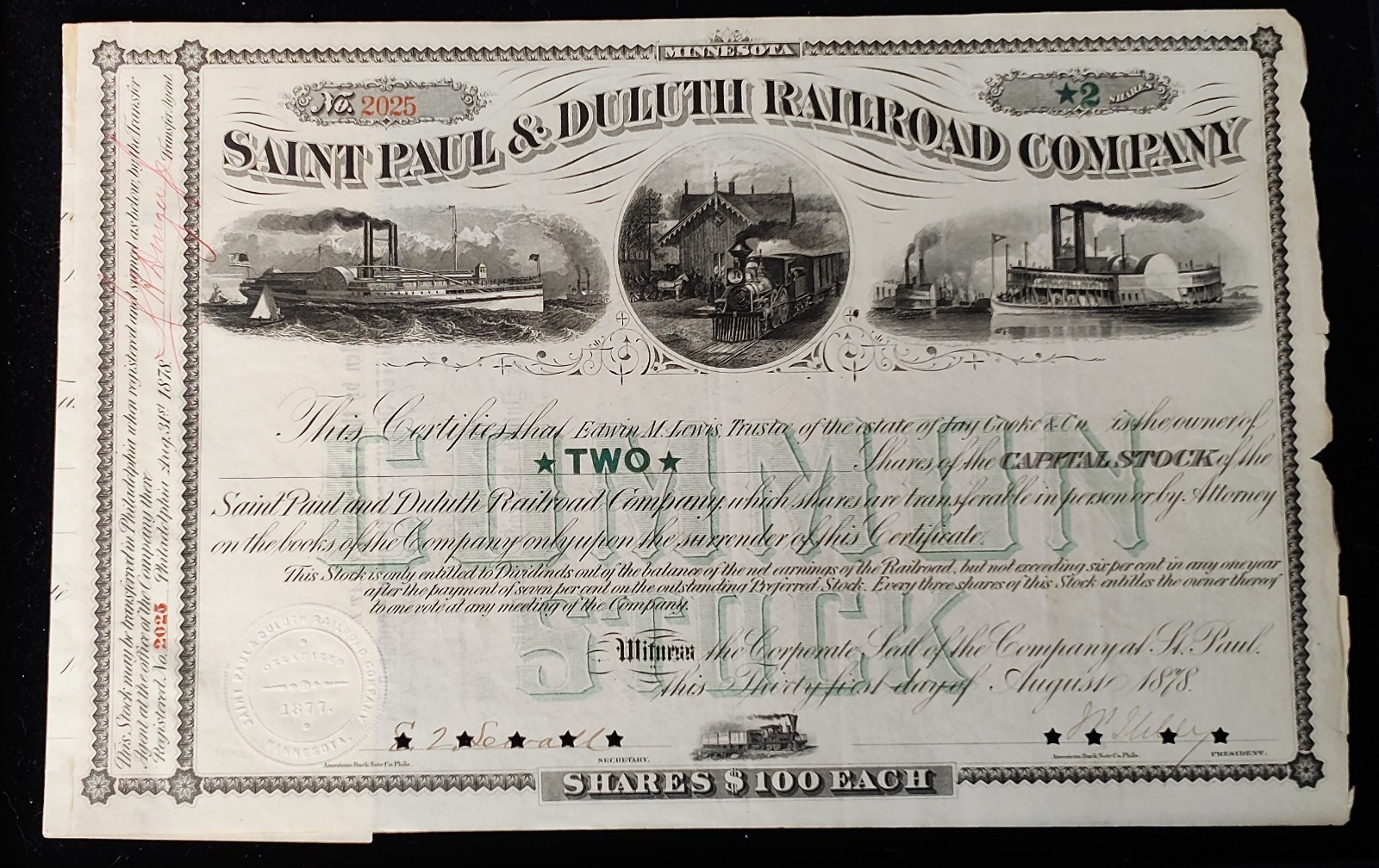 St Paul & Duluth Railroad Co 1878 Stock Certificate – 2 Shares – Steam Train 