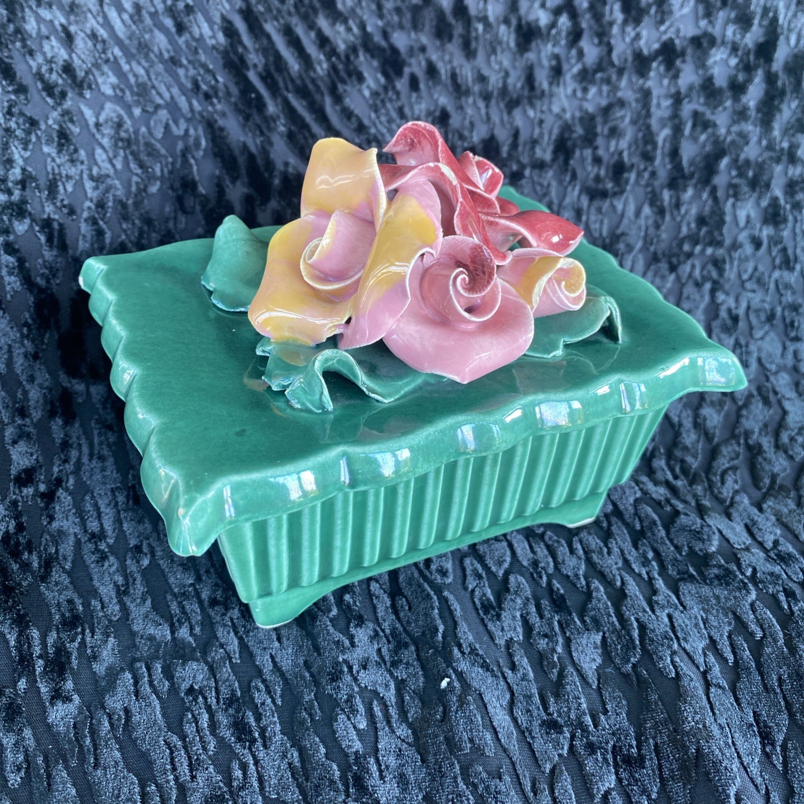 Vintage Johannes Brahm Green Ceramic Trinket Box #465 w/ Rose Lid California USA