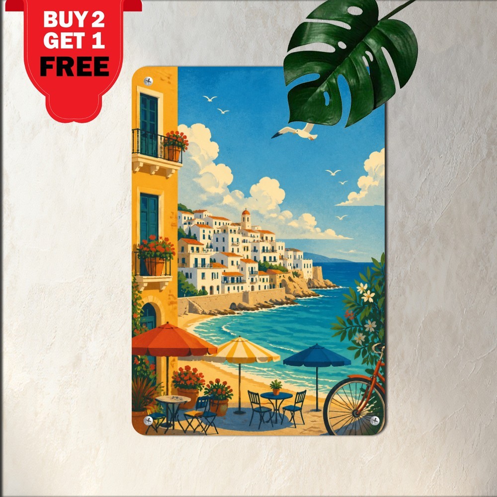 White Mediterranean Coastal Village Poster Scenic Ocean Sea Metal Plaque
