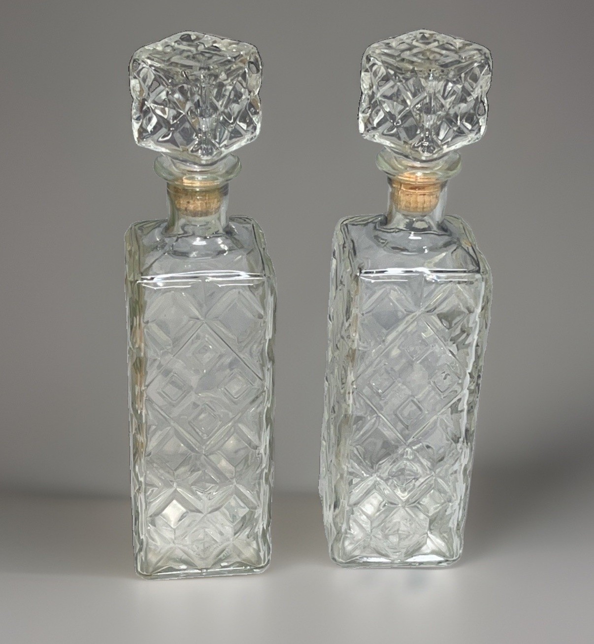 Pair Vintage 1962 Seagram’s 7 Crown Diamond Glass Decanters w/ Stoppers