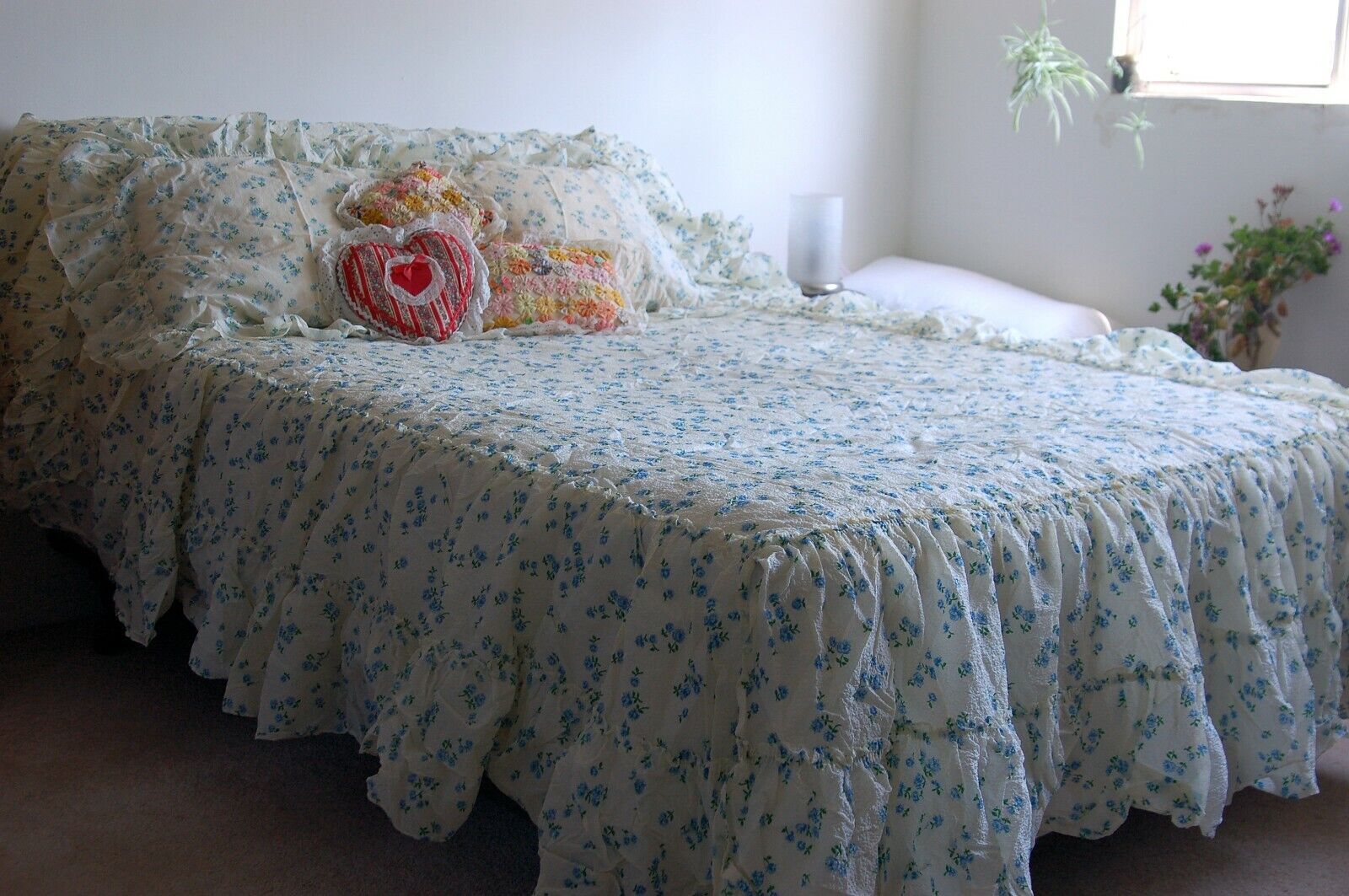 Vtg Ruffled Semi-Sheer Bedspread Embossed Material Full Size Pillow Shams by ABC
