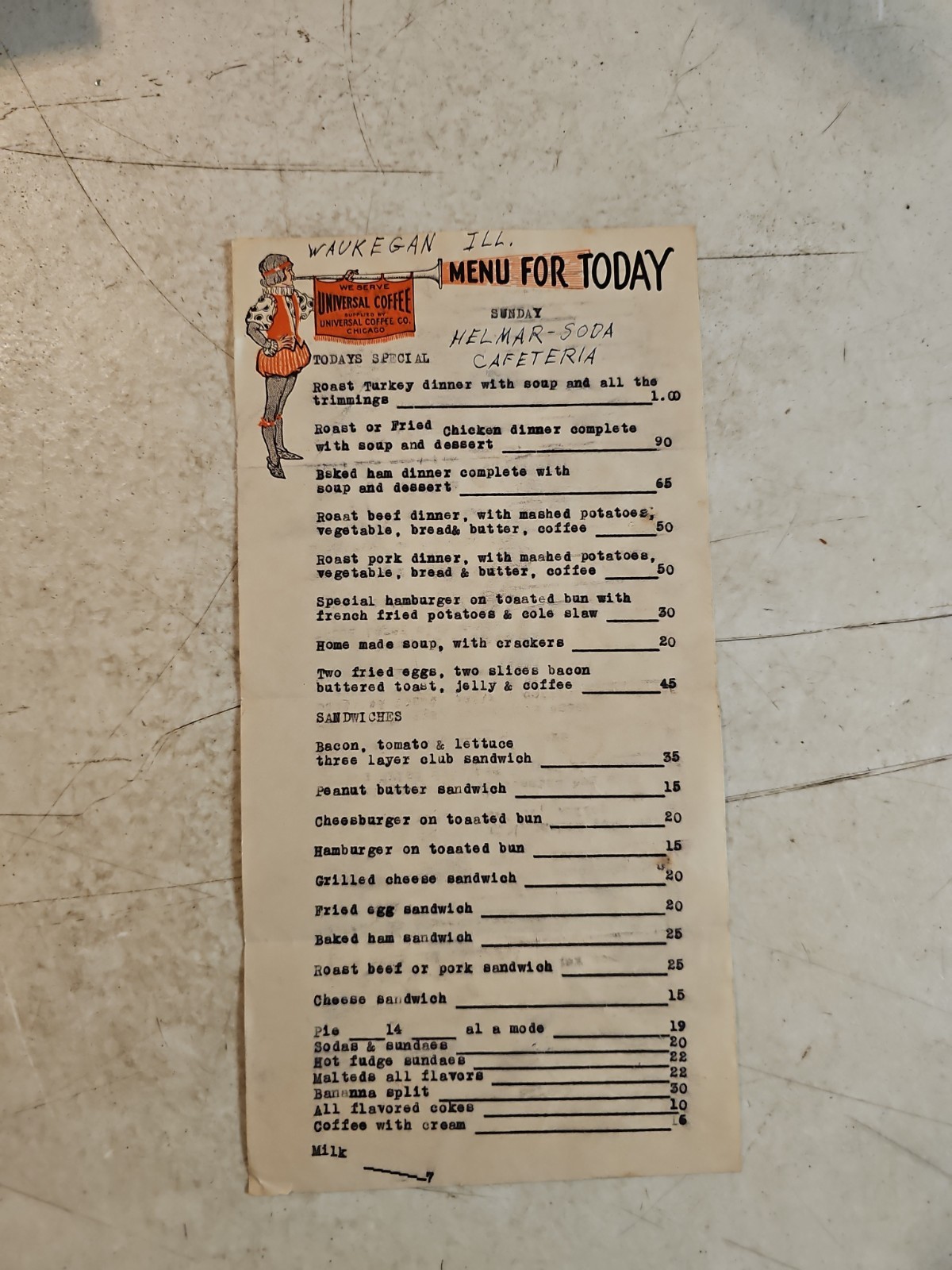 Vintage 1940\'s Universal Coffee Co Menu For Helmar Cafeteria. Waukegan, Illinois