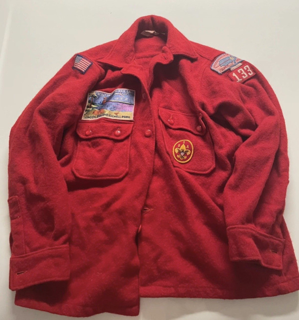 Vintage 70's Boy Scouts Of America Official 100% Red Wool Jacket Size 44 Patches