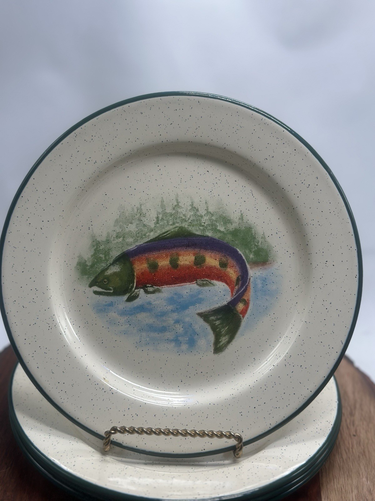 ENESCO Set Of 4 Julie Ueland Enamel Salmon Fish Plates Camping