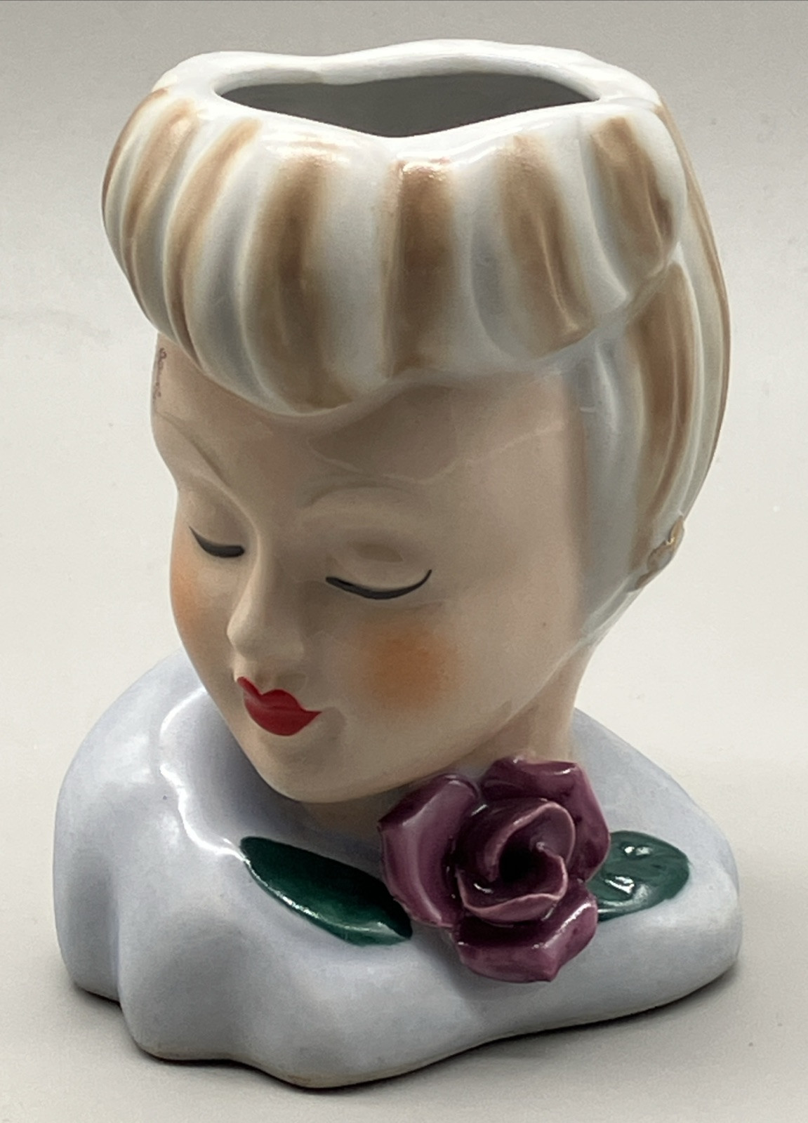 NAPCO  Lady Head Vase Glamour Girl Gold Accent Ceramic With Flower Hand Painted