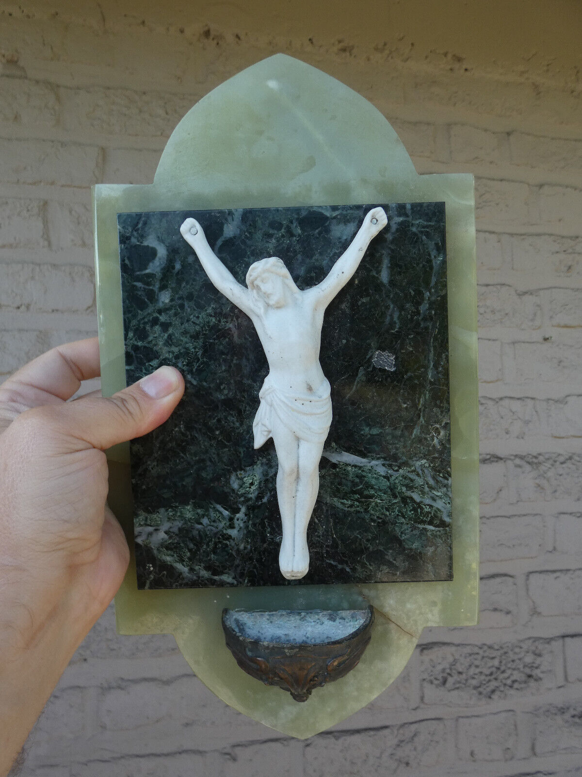 Antique onyx marble ceramic holy water font plaque