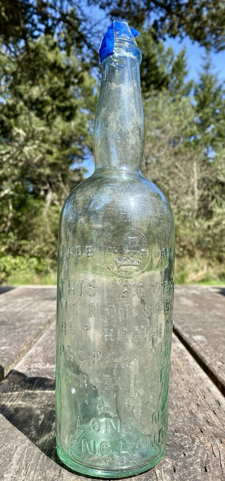 Vintage 1890s- 1910s Sir Robert Burnett London Gin Bottle  Aqua Applied Top
