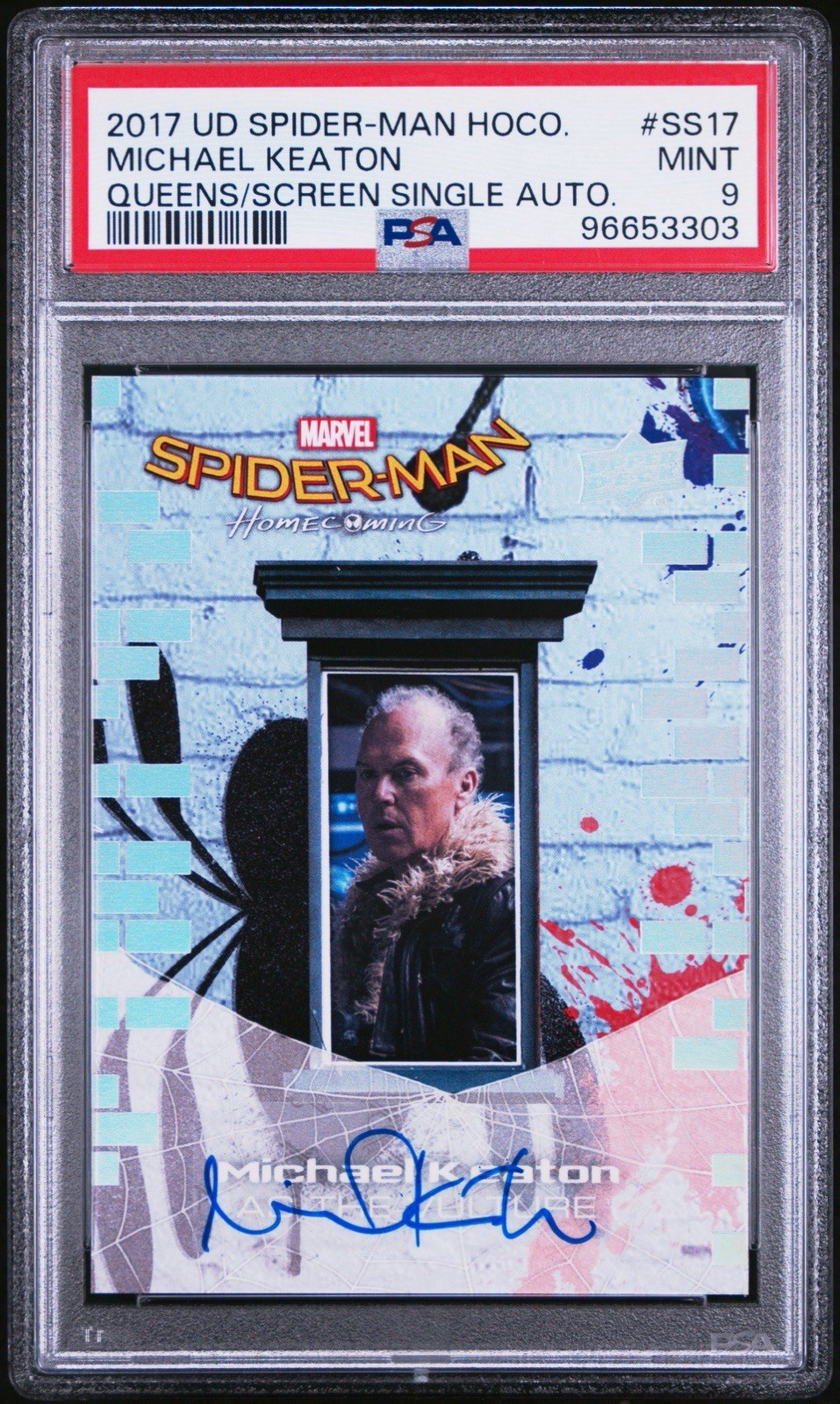 Michael Keaton 2017 Upper Deck Spider-Man Homecoming Queens to Screen Auto PSA 9