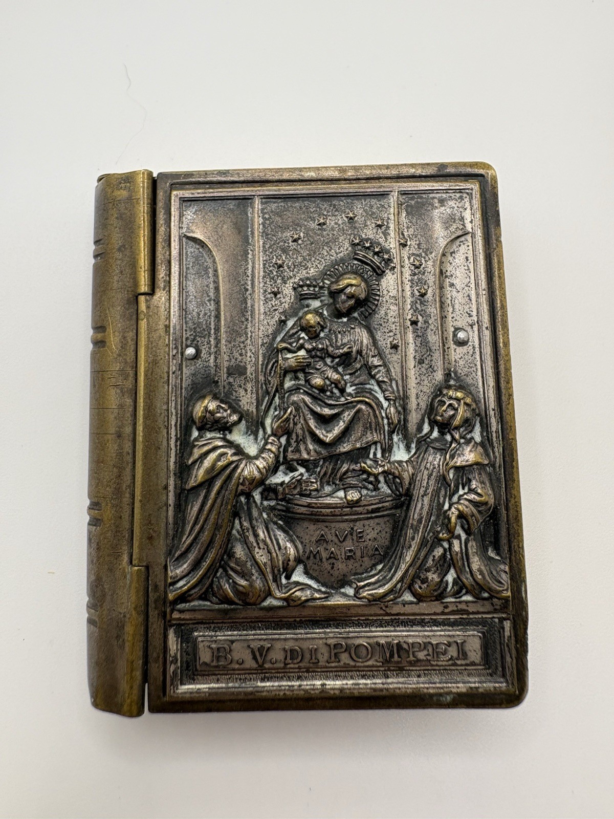 Antique Italian Our Lady of Pompeii Rosary Prayer Book Box Ave Maria IHS Metal