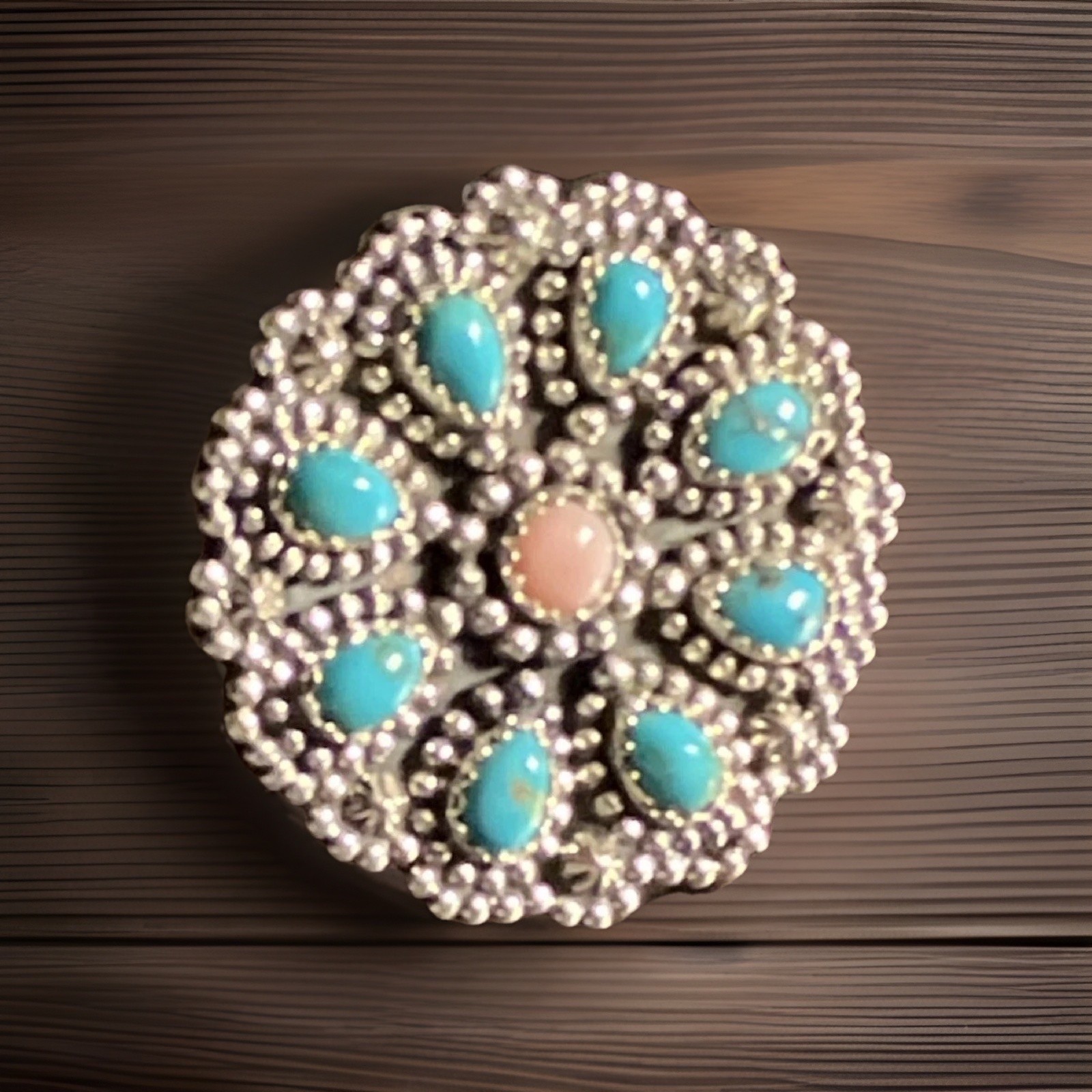 Exquisite Pink Conch Kingman Turquoise Cluster Flower Raindrop Ring Sz 5.5 NEW