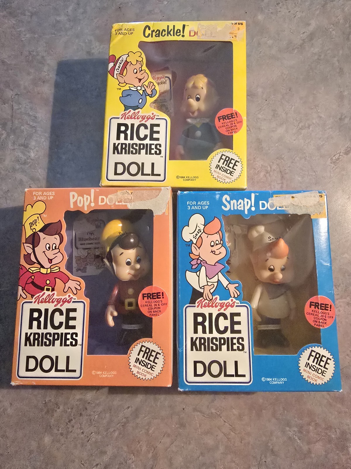 Vintage 1984 Kellogg\'s Rice Krispies Snap Crackle Pop Doll Set Talbot Toys Boxed