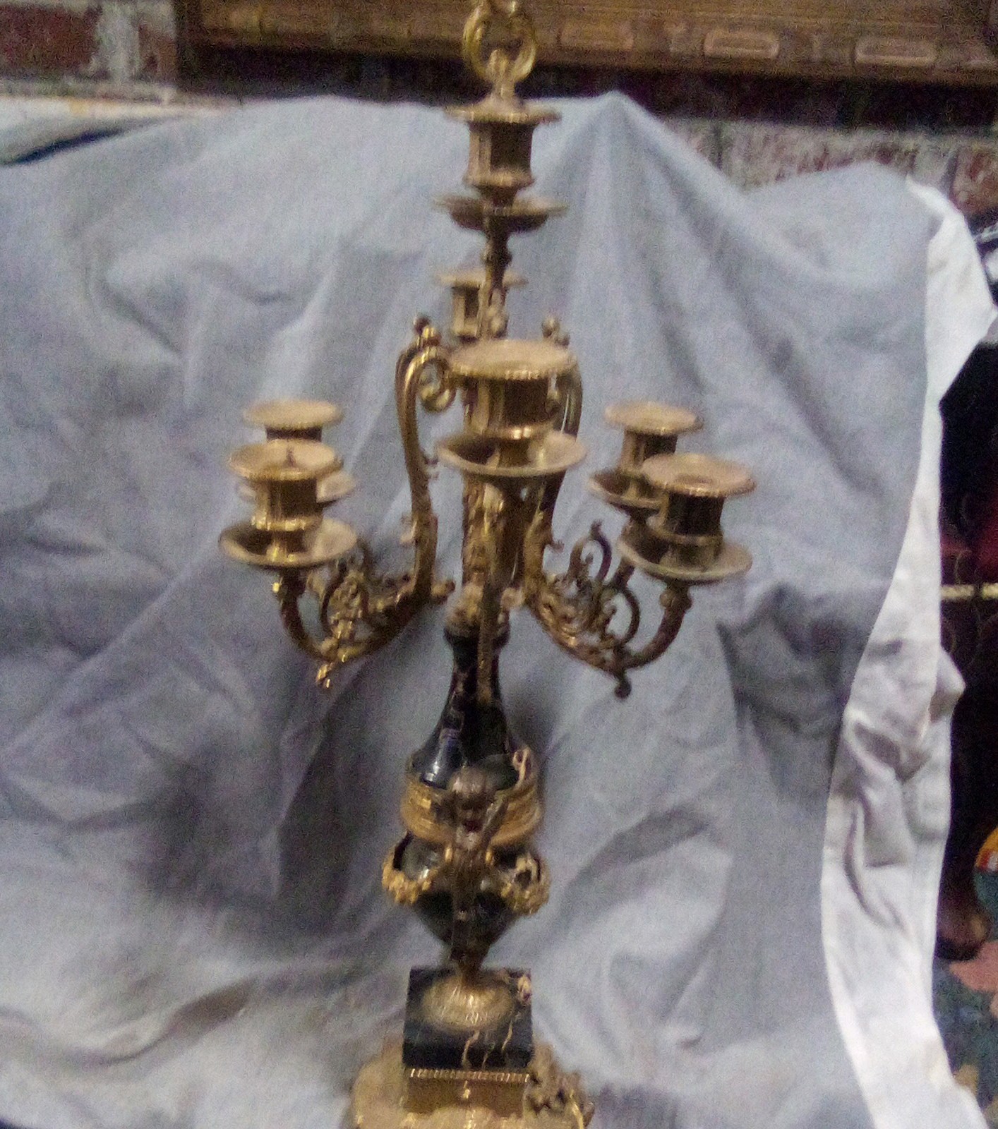 Victorian 7-Arm Candelabra Candle Holder, Brass W Gold And Forest Green Marble.