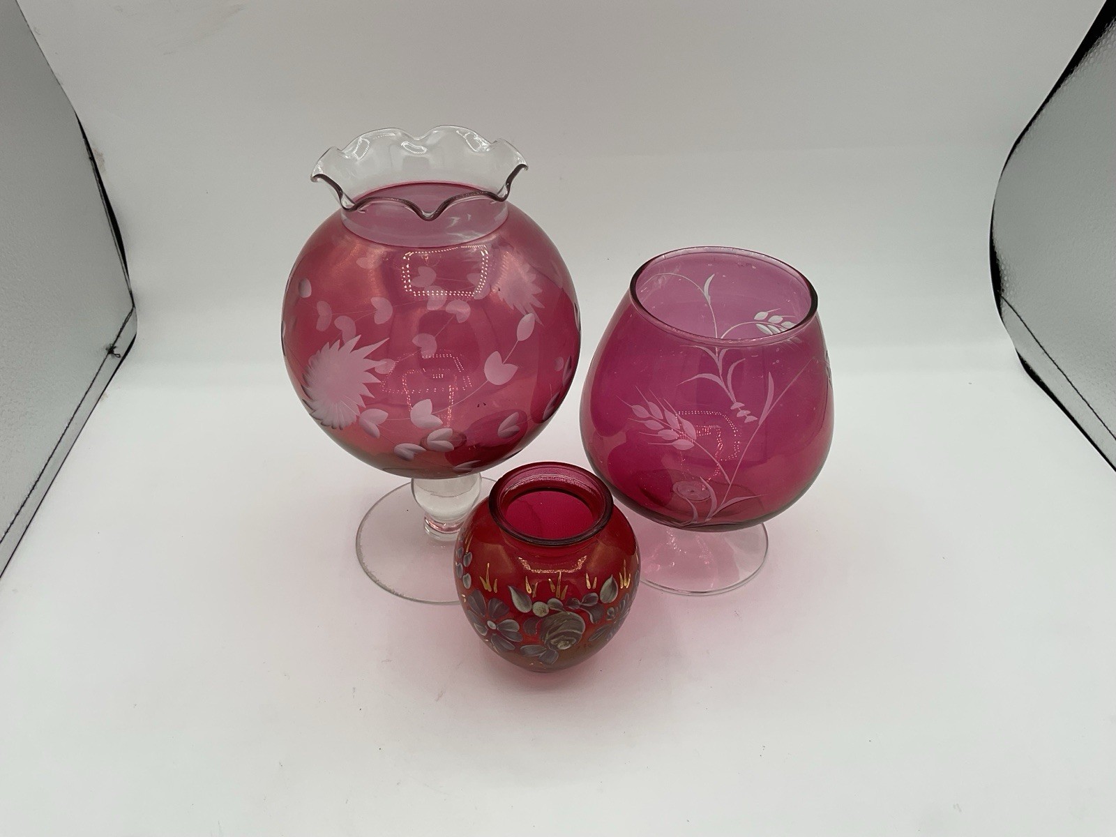Vintage Cranberry Etched Glass - Set Of 3 Pieces