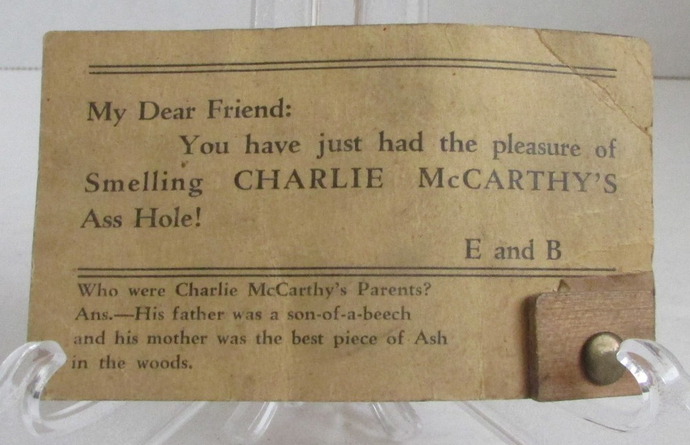 VINTAGE 50s? Charlie McCarthy Funny Joke Card Ass Wood Piece