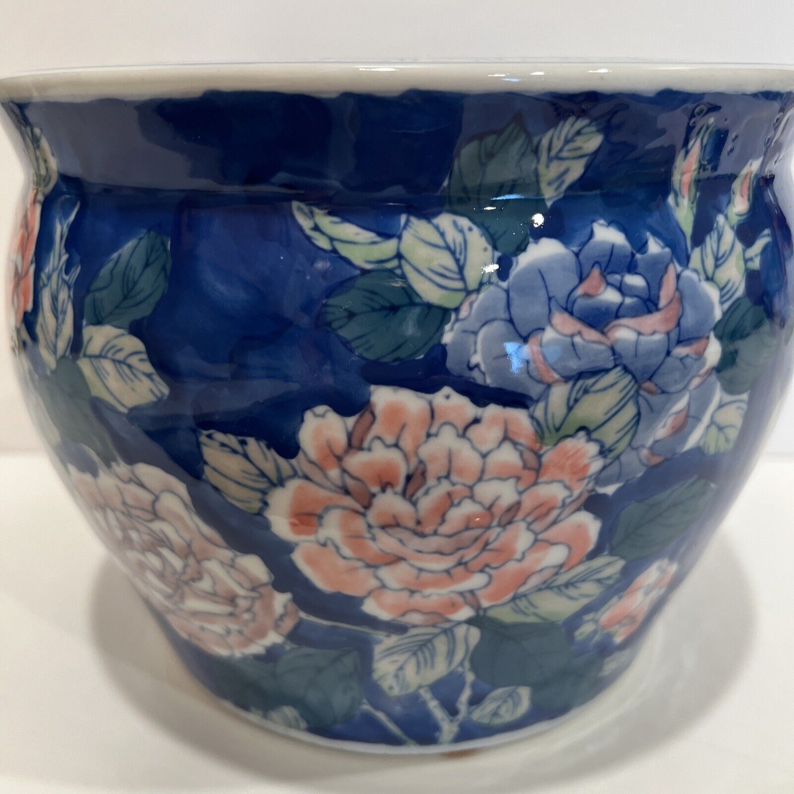 Vintage Pink And Blue Asian Chinoiserie Floral Planter Vase. 6.5 Tall 8\