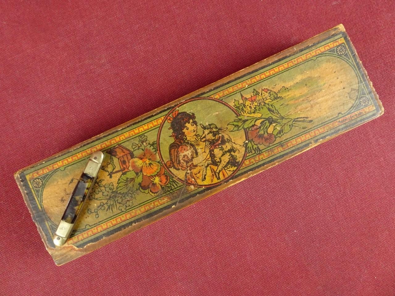 ANTIQUE VICTORIAN WOODEN PENCIL BOX W/ PEN KNIFE GERMANY LITHOGRAPH