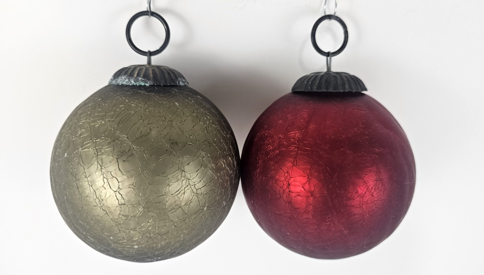 2 VTG Kugal Style Frosted Crackle Heavy Glass Christmas Orn. Olive Green/Red 4\ 2 VTG Kugal Style Frosted Crackle Heavy Glass Christmas Orn. Olive Green/Red 4\