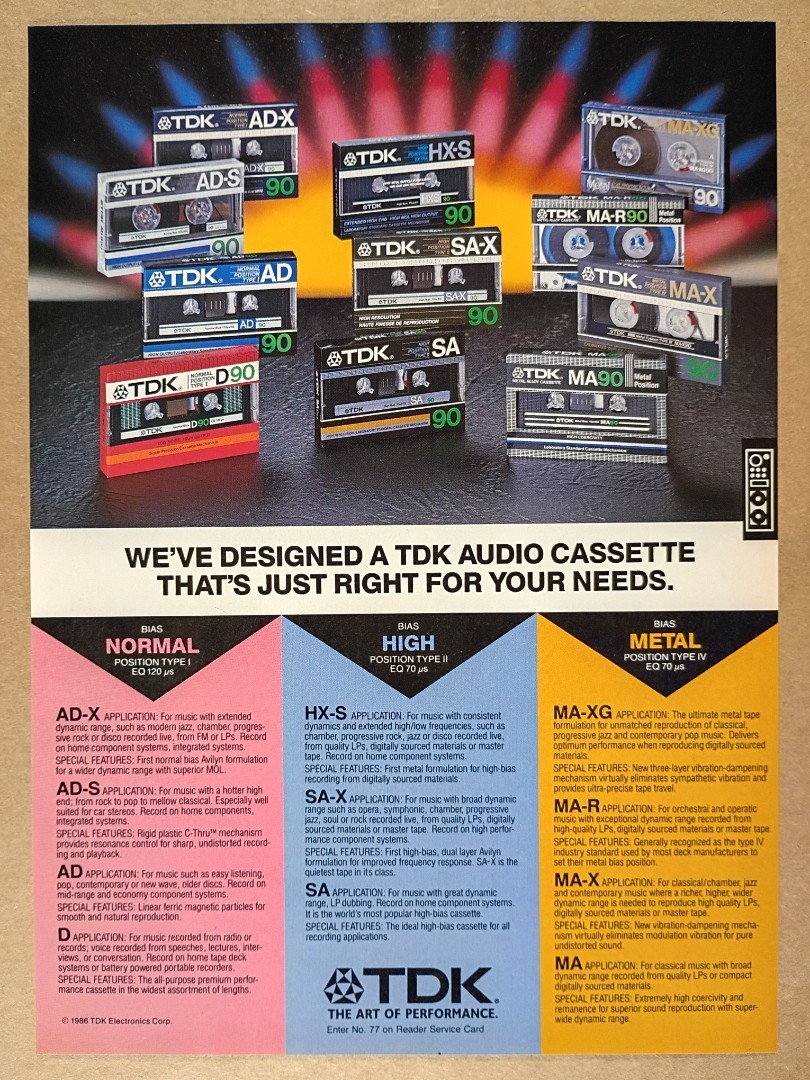 1986 TDK Cassette Tape MA XG R90 X HX-S SA-X vintage print Ad