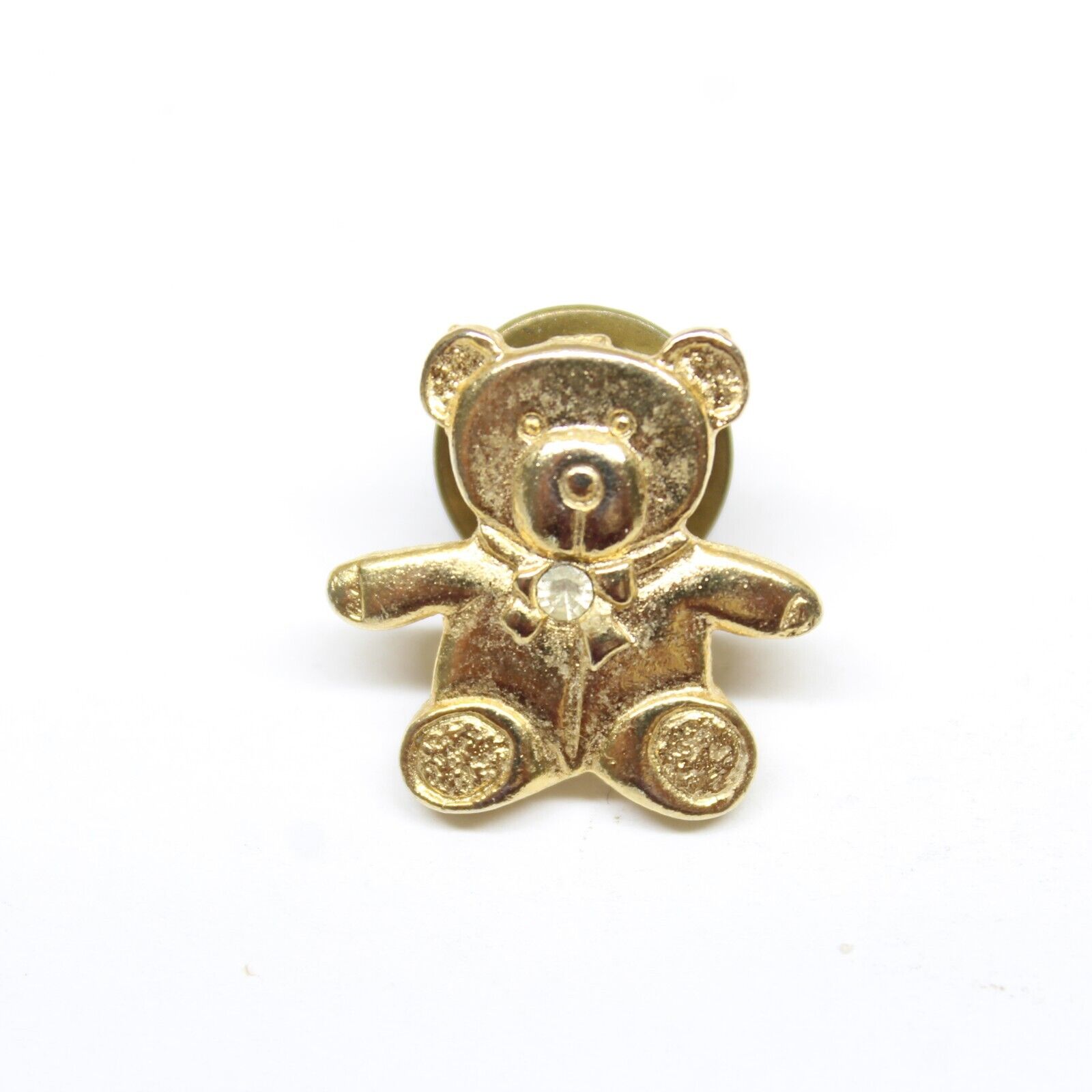 Teddy Bear Pin Gold Tone W/ Rhinestone Bow Tie Lapel Enamel Collectible