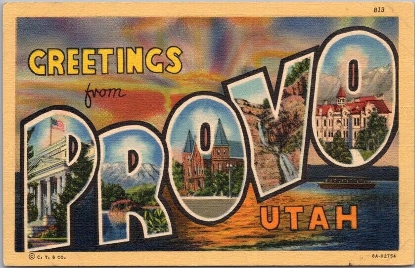 PROVO, Utah Large Letter Postcard Salt Lake View / Curteich Linen / 1938 Unused