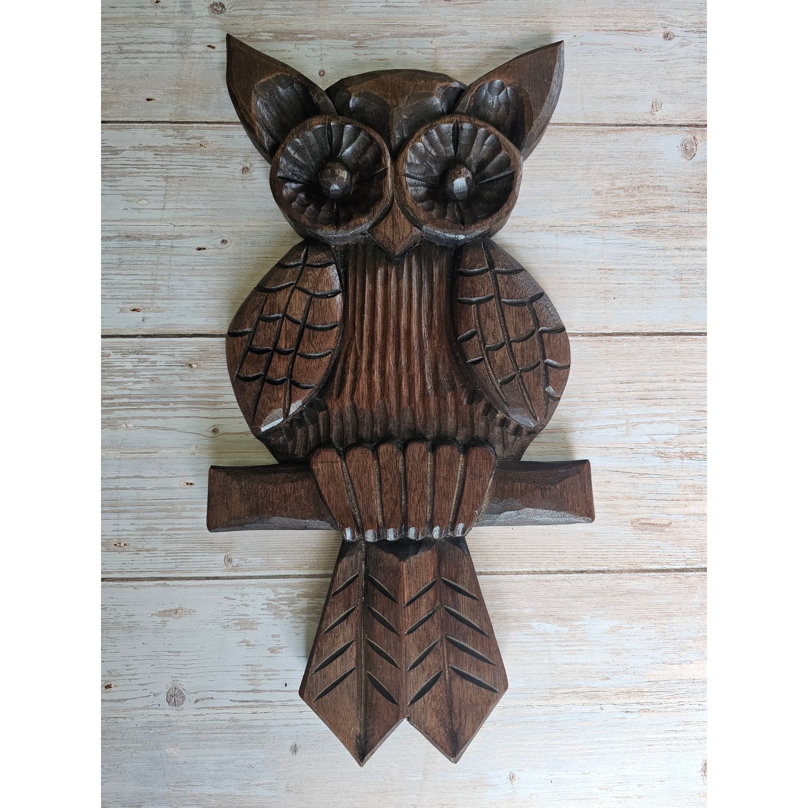 Vintage 70s Hand Carved Wood Owl Wall Hanging 18\ Vintage 70s Hand Carved Wood Owl Wall Hanging 18\