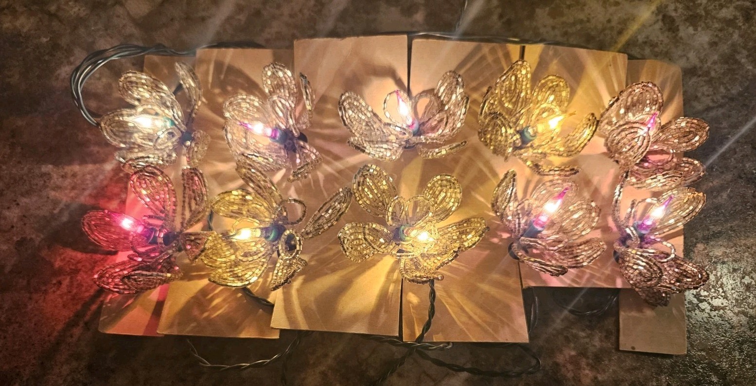 10 Vintage Genuine Italian Glass Beaded Floral Miniature Christmas Lights