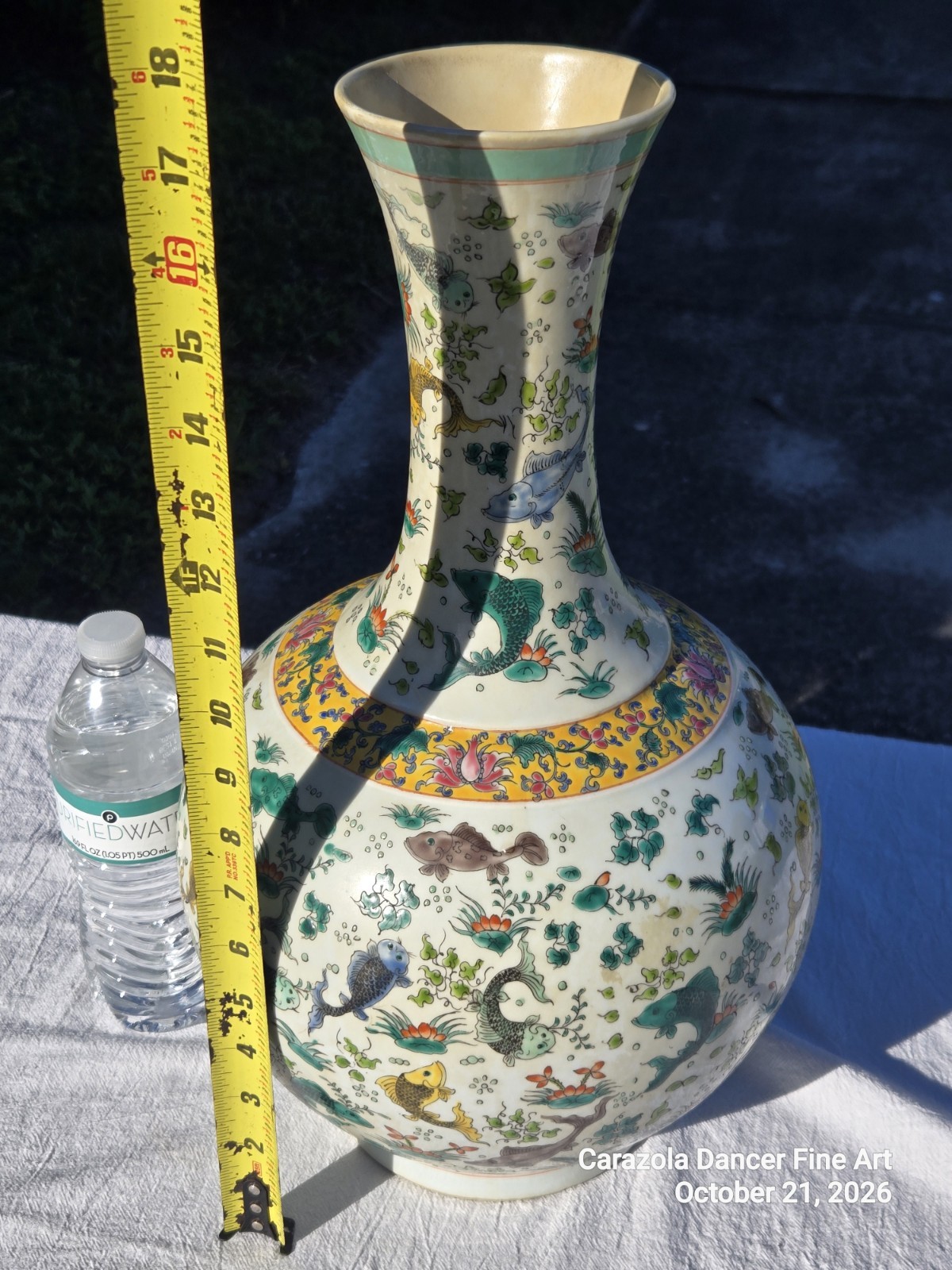 Vintage Chinese Large and Impressive Wucai Fish and Waterweed Tianquiuping Vase Vintage Chinese Large and Impressive Wucai Fish and Waterweed Tianquiuping Vase