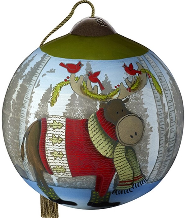 Neqwa Ne\'Qwa Art Christmas Moose & Cardinals Handpainted Glass Ornament 7201113