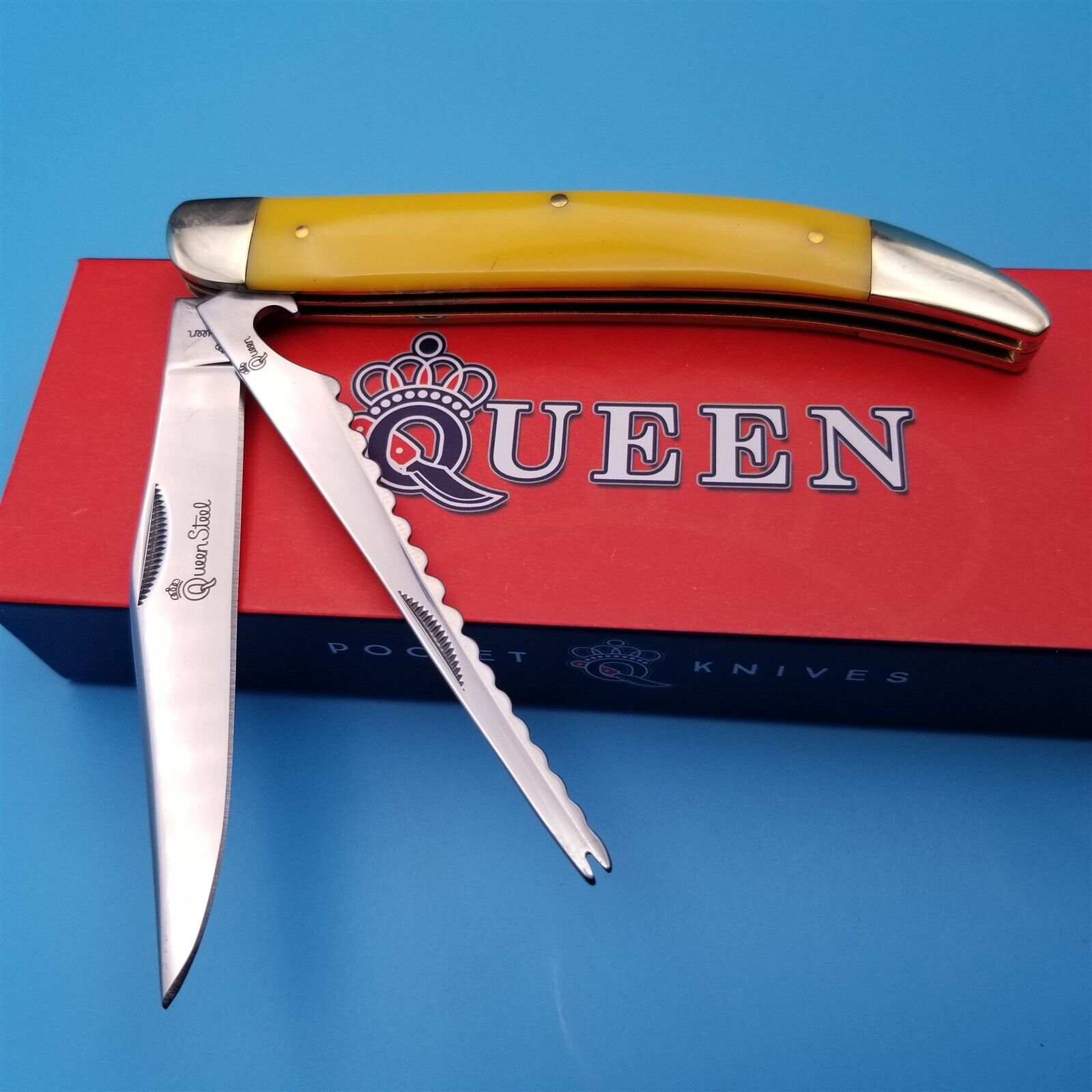 Queen Cutlery Pocket Knife Fish Knife Folding 2 Blade Synthetic Yellow Handle 